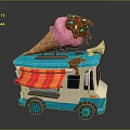 Pink Ice Cream Cone With Chocolate Drizzle On Colorful Ice Cream Truck