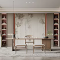 Traditional Tea Room Interior With Bamboo Patterned Wallpaper Wooden Tea Table Chairs And Shelves
