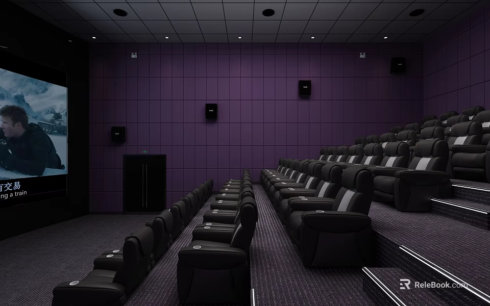 Modern Cinema Interior With Purple Walls Black Seats And Large Screen 3d model 