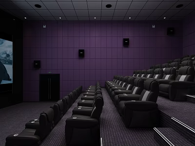 Modern Cinema Interior With Purple Walls Black Seats And Large Screen 3d model