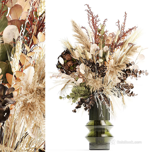 Natural Dried Flower Arrangement In Green Glass Vase With Beige Brown Blooms And Leaves 3d model 
