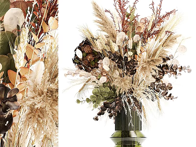 Natural Dried Flower Arrangement In Green Glass Vase With Beige Brown Blooms And Leaves 3d model
