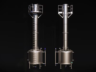 Stainless Steel Vertical Industrial Equipment With Ladders Platforms And Bottom Valves Pipes 3d model