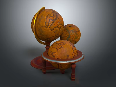 Vintage Decorative Ornament Set With Classic Globes On Red Wooden Display Base 3d model