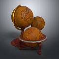 Vintage Decorative Ornament Set With Classic Globes On Red Wooden Display Base