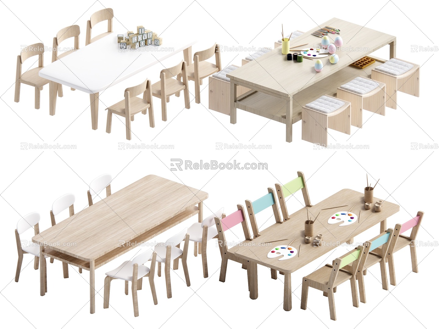 Modern children's study table and chair combination 3d model