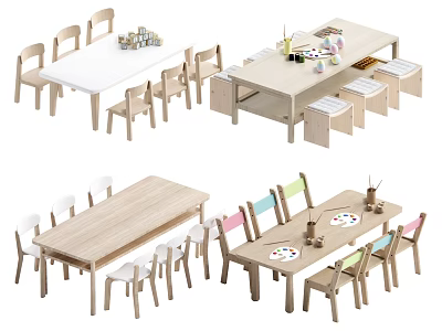 Wooden Kids Table With Assorted Color Chairs For Study And Play Activities 3d model