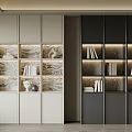 Modern Light And Dark Built In Bookcases With Books Decorative Items And Lighting