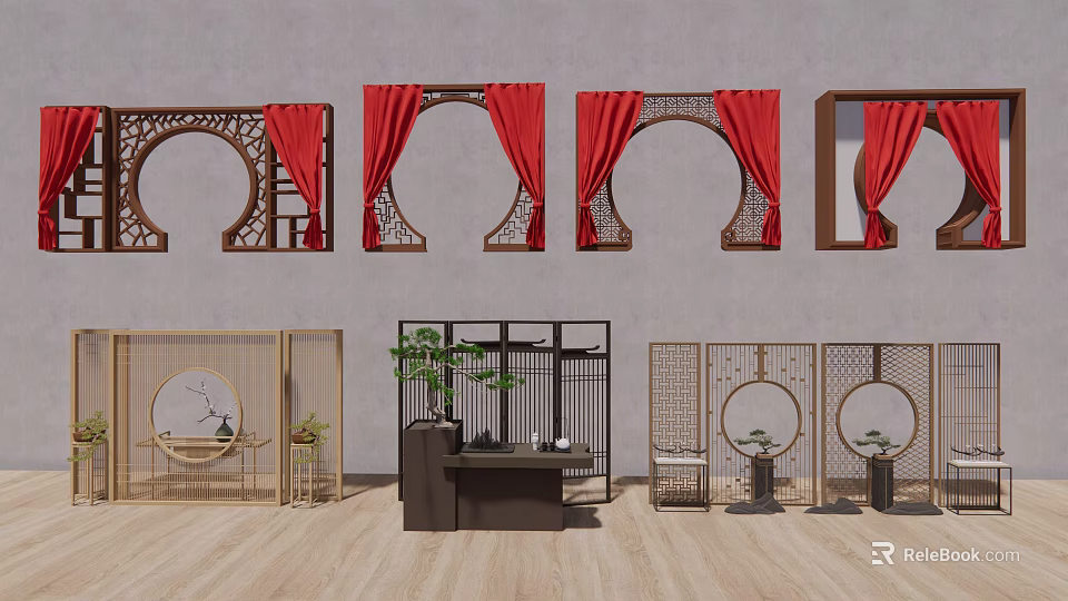Traditional Chinese Partition Screens With Round Arch Design Carved Patterns Red Curtains And Wooden Flooring 3d model 