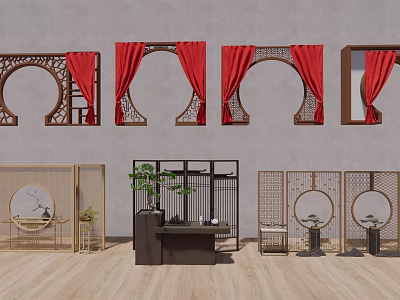 Traditional Chinese Partition Screens With Round Arch Design Carved Patterns Red Curtains And Wooden Flooring 3d model