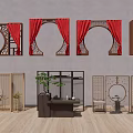 Traditional Chinese Partition Screens With Round Arch Design Carved Patterns Red Curtains And Wooden Flooring