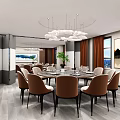 Modern Private Dining Room With Round Table Hanging Chandelier And Comfortable Chairs 3d model