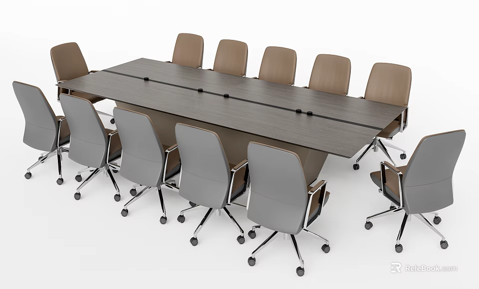 Modern Office Conference Table With Gray And Brown Wheeled Chairs In Meeting Room 3d model 
