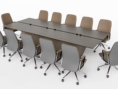 Modern Office Conference Table With Gray And Brown Wheeled Chairs In Meeting Room 3d model