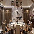 Traditional Chinese Private Dining Room With Round Table Wooden Chairs And Hanging Lanterns