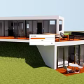 Modern Detached Villa Featuring Spacious Terrace Outdoor Furniture And Glass Windows On Grassland