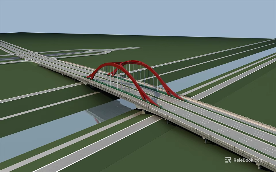 Red Arch Bridge Over River With Multi Lane Highway And Road Network 3d model 