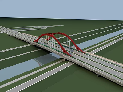 Red Arch Bridge Over River With Multi Lane Highway And Road Network 3d model