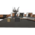 Modern Sofa Coffee Table Set With White Brown Cushions Round Table Decorative Branches Dark Rug 3d model