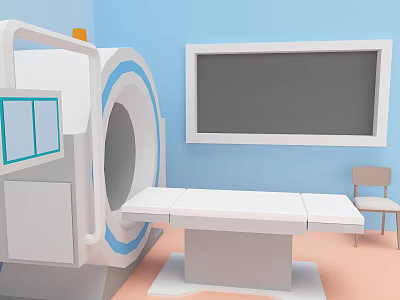 Cartoon Medical Scene With CT Scanner Examination Table Chair Monitor Blue Wall And Pink Floor 3d model