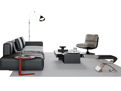 Modern Black Leather Sofa Coffee Table Set With Single Chair And Floor Lamp 3d model