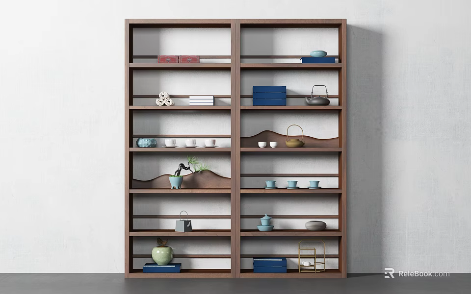 Wooden Storage Shelf Featuring Multiple Shelves Holding Tea Sets Books and Decorative Items 3d model 