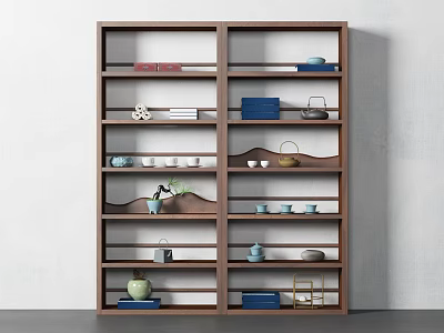 Wooden Storage Shelf Featuring Multiple Shelves Holding Tea Sets Books and Decorative Items 3d model