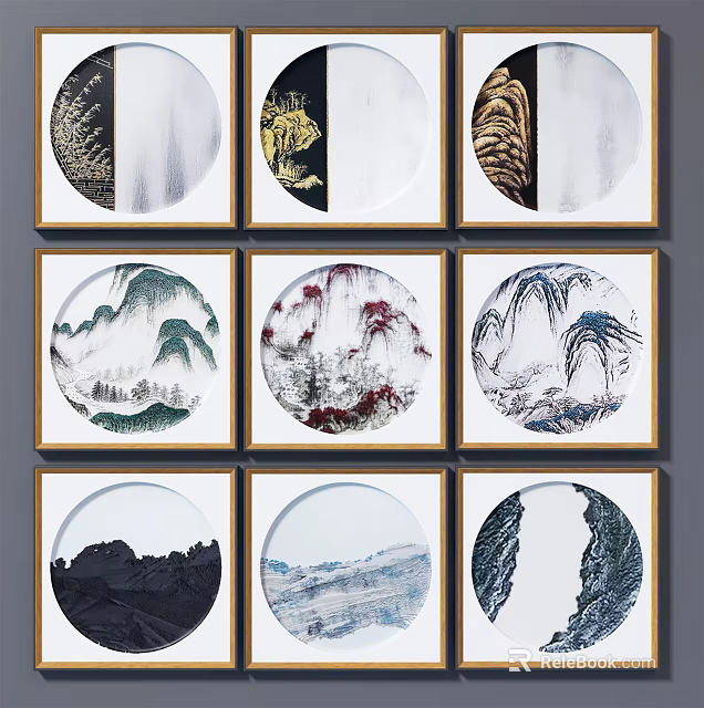 Multiple Circular Decorative Landscape Paintings With Mountain Water Elements In Framed Design 3d model 