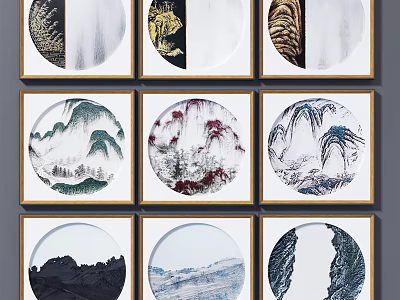 Multiple Circular Decorative Landscape Paintings With Mountain Water Elements In Framed Design 3d model