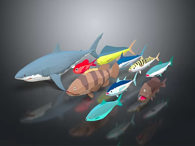 Colorful Aquatic Animals Including Shark And Various Fish With Different Shapes In 3D Rendering 3d model