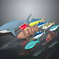 Colorful Aquatic Animals Including Shark And Various Fish With Different Shapes In 3D Rendering