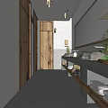 Modern Public Restroom Interior With Wooden Doors Sink Counter And Potted Plants