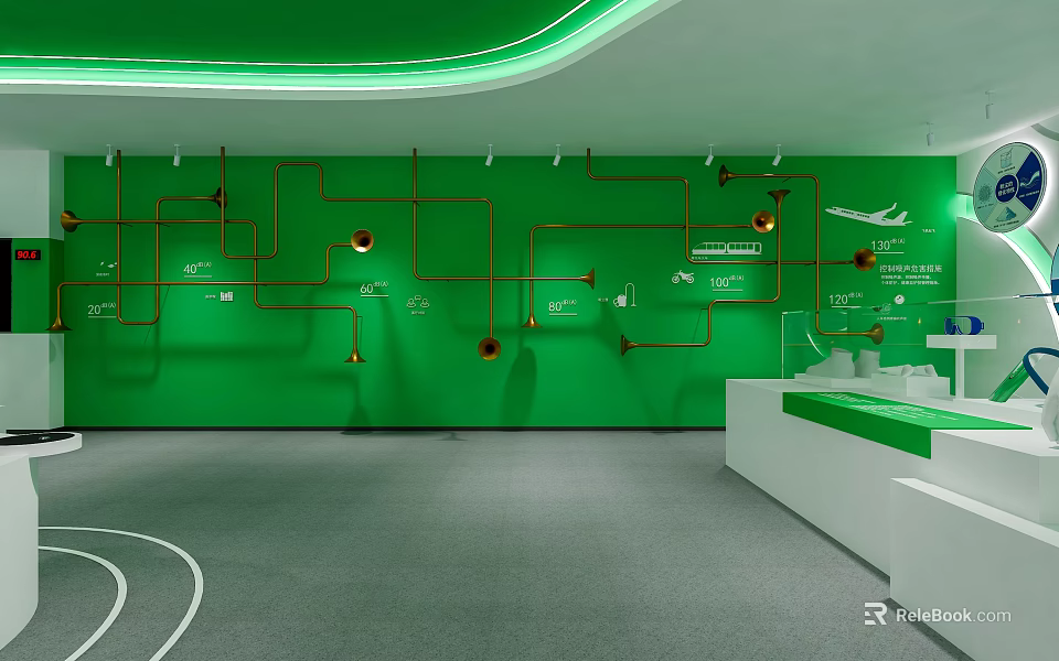Cultural Art Exhibition Hall With Green Wall Orange Pipe Decor Circular Installations And White Counter 3d model 