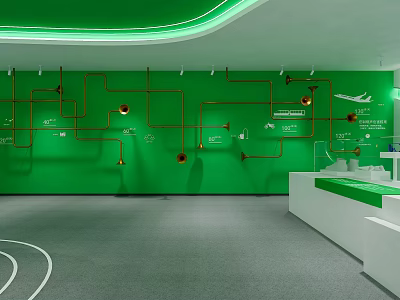 Cultural Art Exhibition Hall With Green Wall Orange Pipe Decor Circular Installations And White Counter 3d model