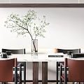 Modern Dining Table Set With Rectangular White Table Brown Chairs Pendant Light And Potted Plant 3d model