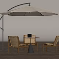 Outdoor Garden Table And Chairs Set With Beige Umbrella And Wooden Floor