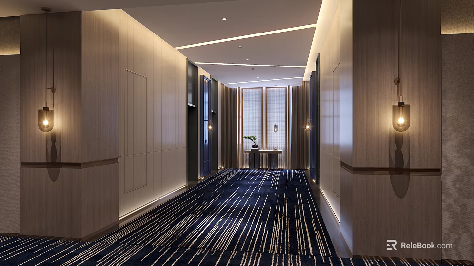 Modern Hotel Corridor Interior With Wooden Walls Blue Striped Carpet And Wall Lamps 3d model 