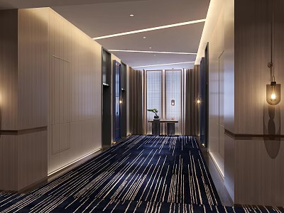 Modern Hotel Corridor Interior With Wooden Walls Blue Striped Carpet And Wall Lamps 3d model