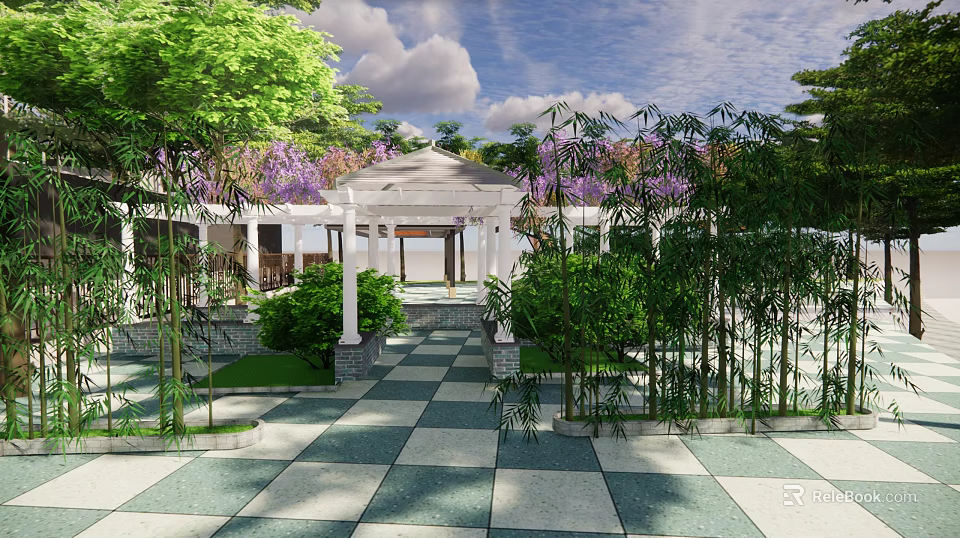 Garden Landscape Design With White Gazebo Purple Flowers And Checkerboard Pavement 3d model 