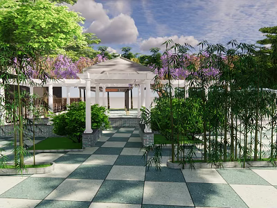 Garden Landscape Design With White Gazebo Purple Flowers And Checkerboard Pavement 3d model
