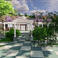 Garden Landscape Design With White Gazebo Purple Flowers And Checkerboard Pavement