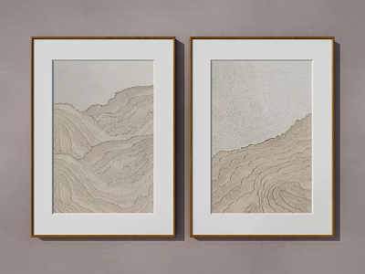Pair of Gold Framed Abstract Paintings with Beige Wavy Texture on Light Gray Wall 3d model