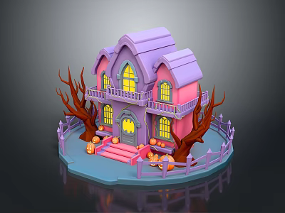 Halloween Themed Commercial Decoration Equipment With Purple Roof Pink House Lit Windows And Pumpkins 3d model