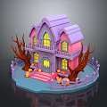 Halloween Themed Commercial Decoration Equipment With Purple Roof Pink House Lit Windows And Pumpkins