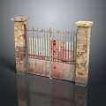 Vintage Rustic Iron Gate With Stone Pillars And Weathered Rusty Finish Design Structure 3d model