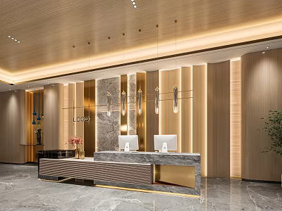 Elegant Hotel Lobby Interior With Marble Reception Desk Wooden Panels And Pendant Lighting Fixtures 3d model