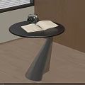 Modern Round Side Table With Black Tabletop Silver Conical Base Open Book And Camera 3d model