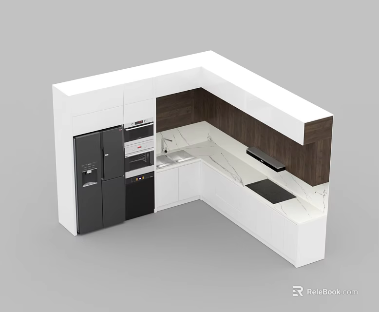 Modern L shaped Kitchen Cabinets White And Dark With Marble Countertop And Integrated Appliances 3d model 