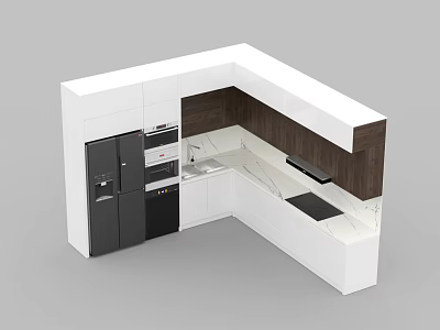 Modern L shaped Kitchen Cabinets White And Dark With Marble Countertop And Integrated Appliances 3d model
