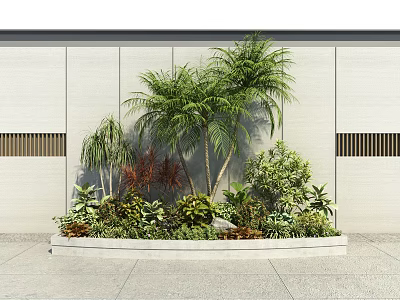 Outdoor Plant Bed with Palm Trees and Various Green Plants Near White Wall 3d model